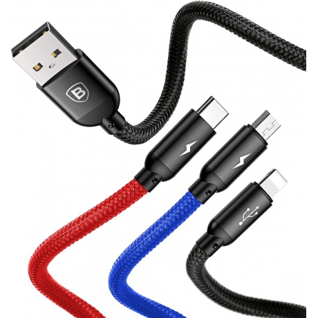 Кабель Baseus Three Primary Colors 3-in-1 Cable USB - Lightning / MicroUSB / Type-C 3.5A 30cm Black CAMLT-ASY01 - фото 10