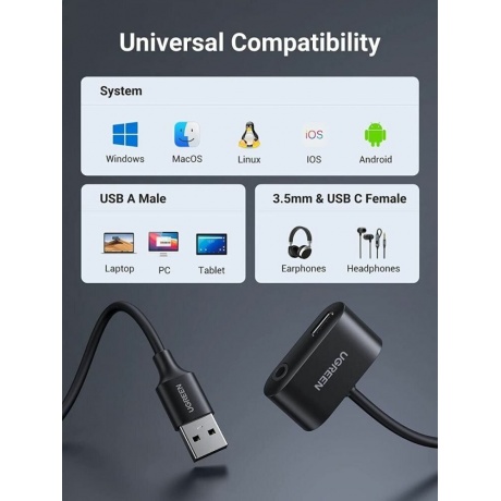 Кабель Ugreen CM397 USB-A - USB-C + 3.5mm Headphone Jack Black 80897 - фото 5