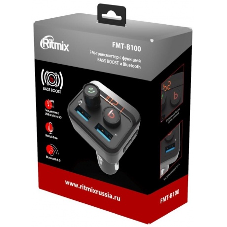 FM-трансмиттер Ritmix FMT-B100 черный MicroSD BT USB - фото 4