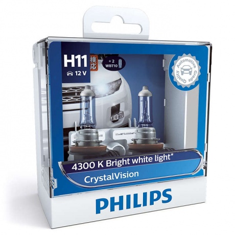 Лампа галогенная PHILIPS H11 Crystal Vision 4300K 12V 55W + W5W 12V 5W, комплект по 2шт, 12362CVSM - фото 2