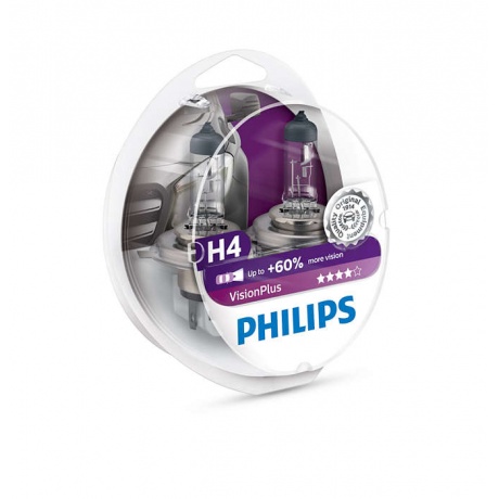 Лампа галогенная PHILIPS H4 VisionPlus 12V 60/55W, комплект 2шт, 12342VPS2 - фото 1