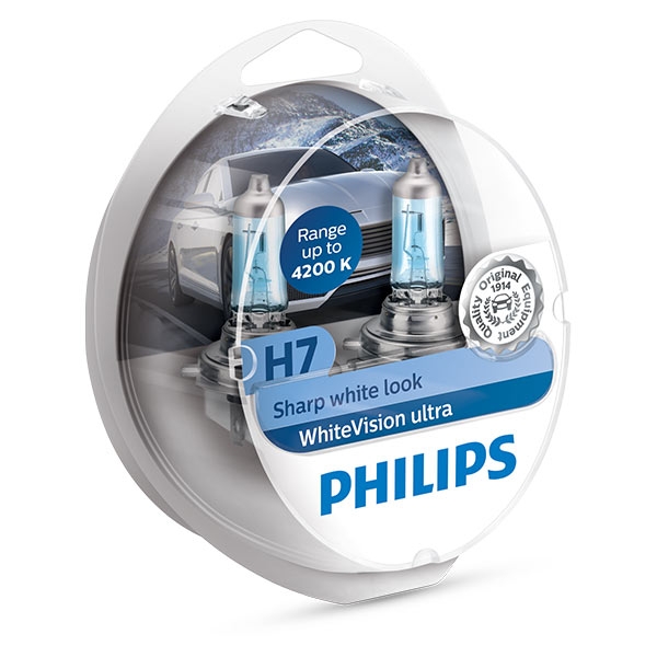 цена Лампа галогенная PHILIPS H7 White Vision Ultra 4200K 12V 55W, 2шт, 12972WVUSM