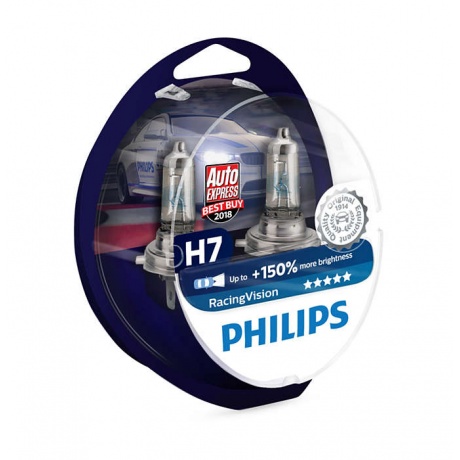 Лампа галогенная PHILIPS Racing Vision +150% H7 12V 55W (PX26d), 2шт, 12972RVS2 - фото 1