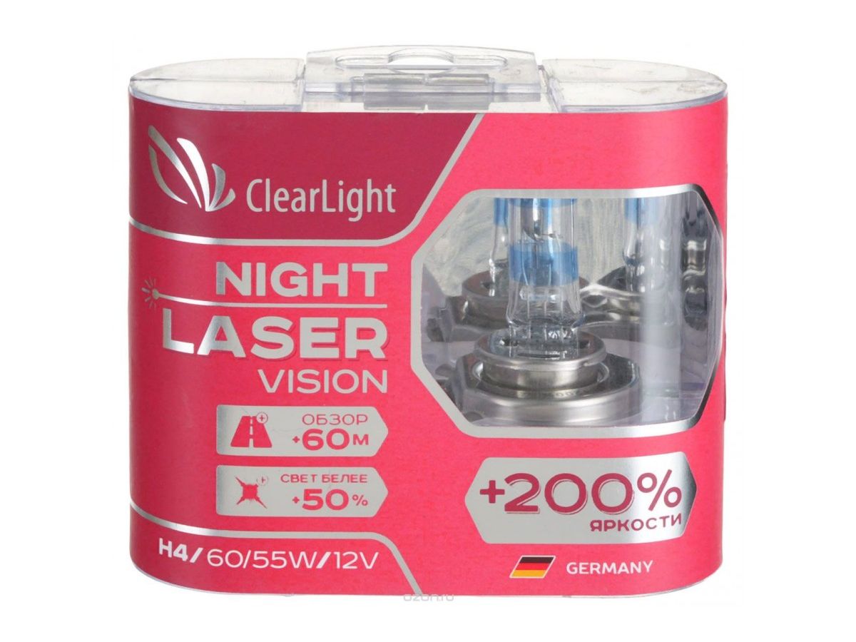 Лампа Clearlight H4 12V-60/55W Night Laser Vision +200% Light (компл., 2 шт.) лампа clearlight h4 12v 60 55w x treme vision 150% light компл 2 шт