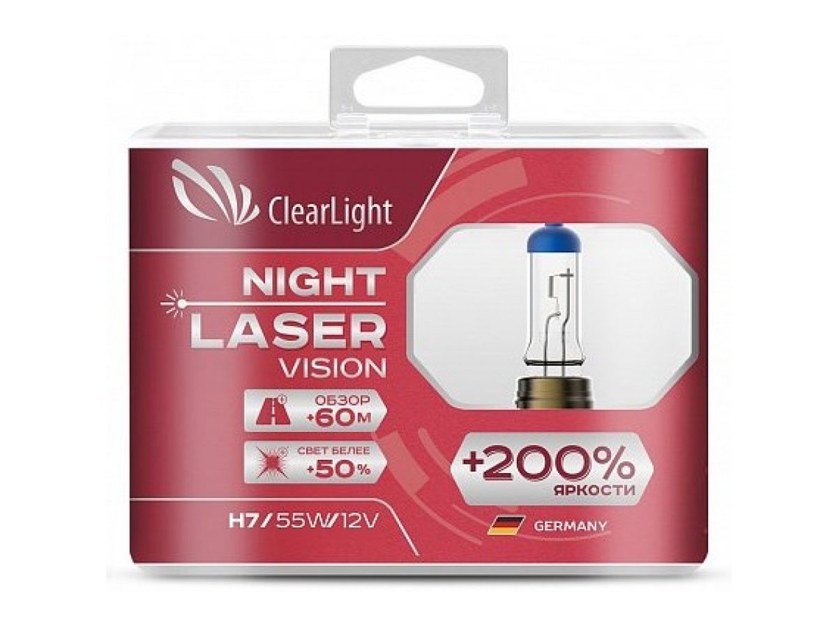 Лампа Clearlight H7 12V-55W Night Laser Vision +200% Light (компл., 2 шт.) лампа clearlight h9 12v 65w night laser vision 200% light компл 2 шт