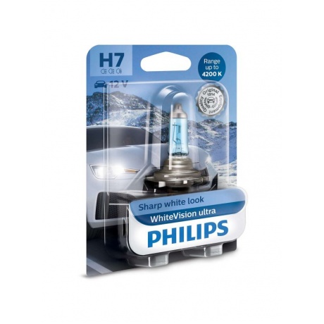Лампа галогенная PHILIPS H7 White Vision Ultra 12V 55W (PX26d) блистер 1шт, 12972WVUB1 - фото 1