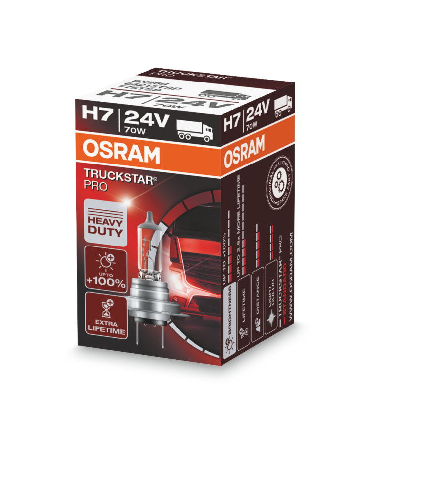 цена Лампа автомобильная OSRAM H7 70W PX26d +100% Truckstar Pro, 2шт, 24V, 64215TSP2