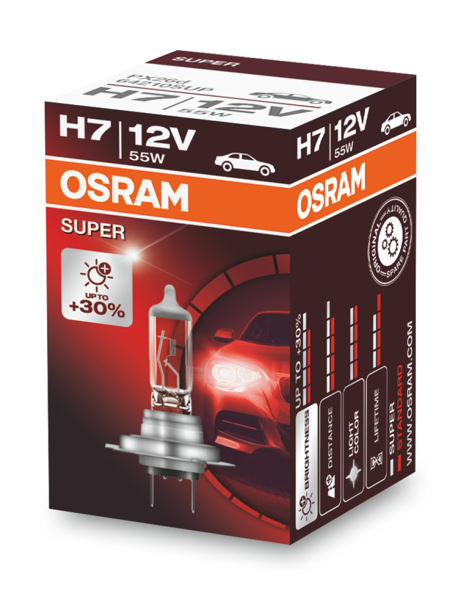 Лампа автомобильная OSRAM H7 55W PX26d+30% Super 12V, 64210SUP цена и фото