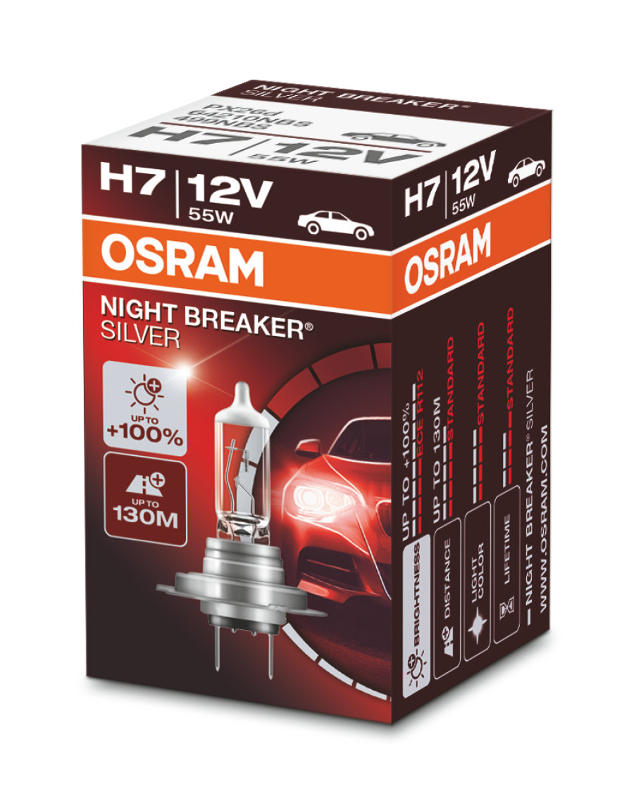 Лампа автомобильная OSRAM H7 55W PX26d+100% Night Breaker Silver 12V, 64210NBS лампа автомобильная osram night breaker silver h7 12v 55w px26d 100% 64210nbs