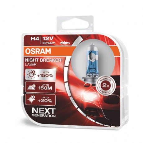 Лампа автомобильная OSRAM H4 60/55W P43t+150% Night Braker Laser 4050K, 2шт, 12V, 64193NL2 - фото 1