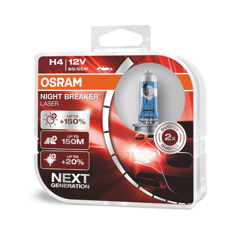 Лампа автомобильная OSRAM H4 60/55W P43t+150% Night Braker Laser 4050K, 2шт, 12V, 64193NL2 лампа автомобильная инноватор h4 12v 60 55w p43t h006