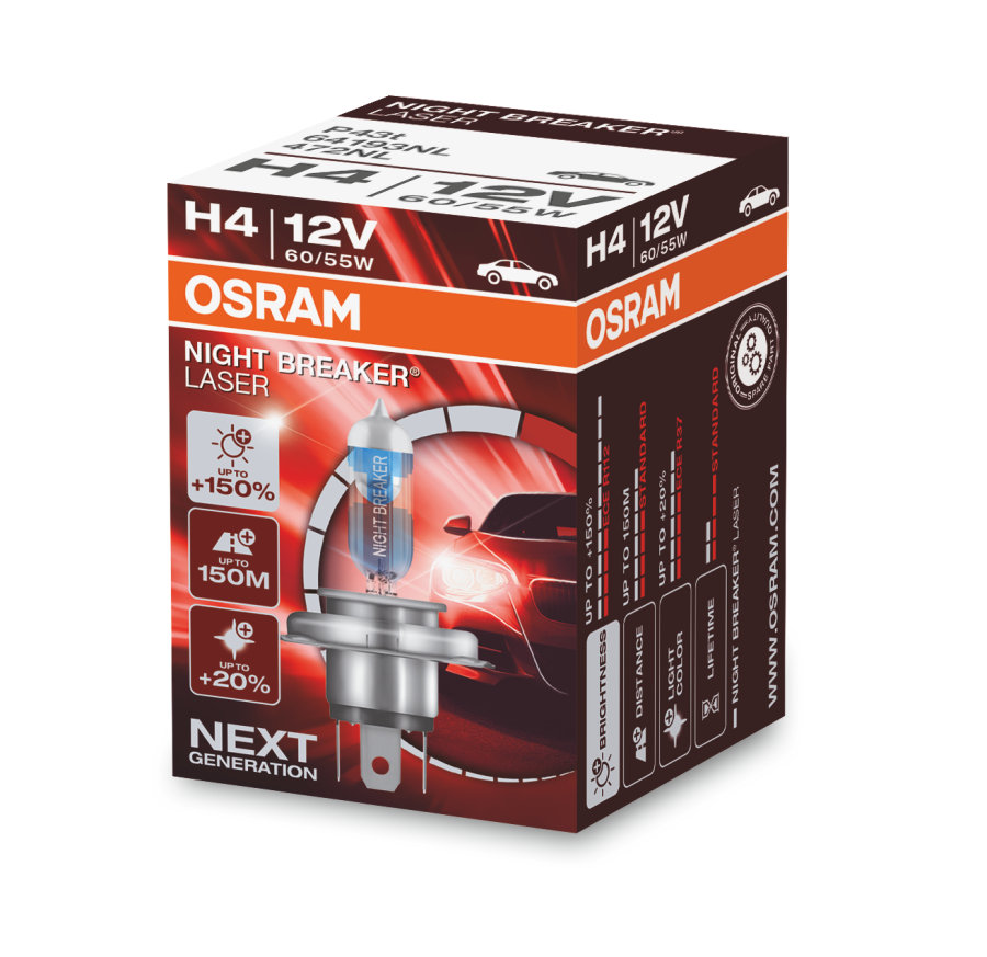 Лампа автомобильная OSRAM H4 60/55W P43t+150% Night Braker Laser 4050K 12V, 64193NL