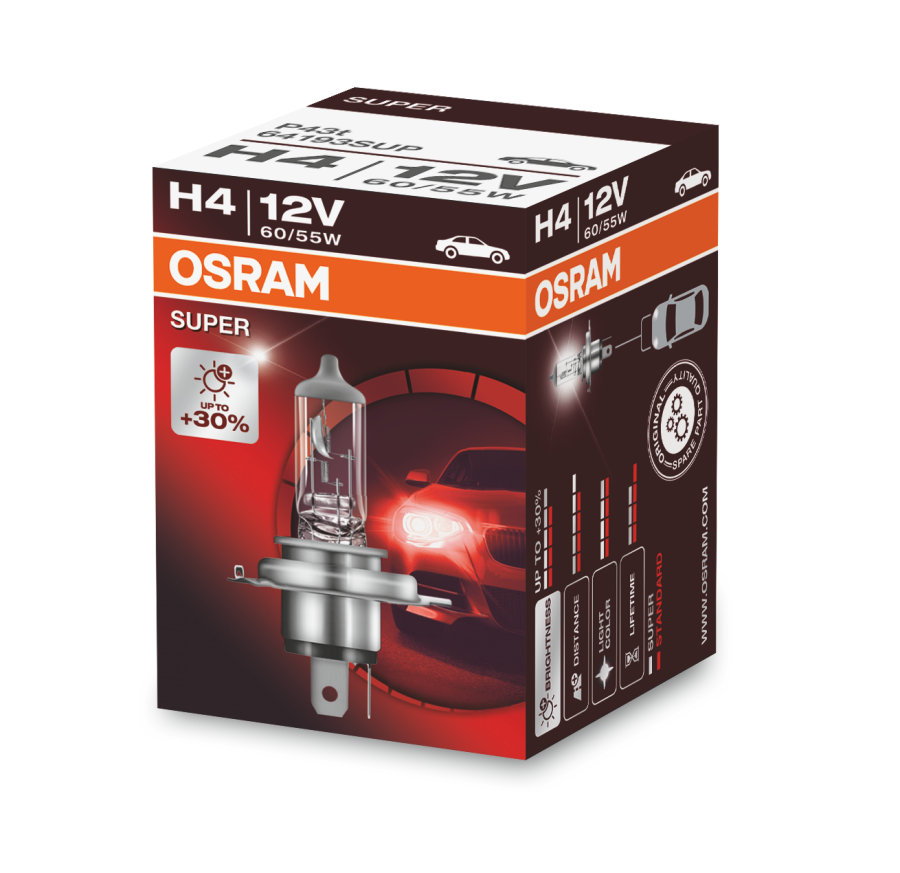 Лампа автомобильная OSRAM H4 60/55W P43t-38+30% Super 12V, 64193SUP