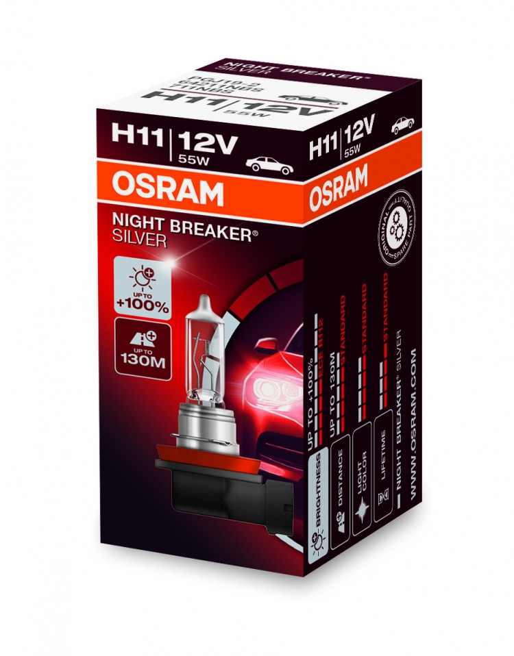Лампа автомобильная OSRAM H11 55W PGJ19-2+100% Night Breaker Silver, 2шт, 12V, 64211NBS2
