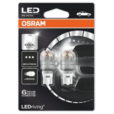 Лампа автомобильная OSRAM W16W (W2.1*9.5d) LED Premium Red, 2шт, 12V, 9213R-2бл - фото 1