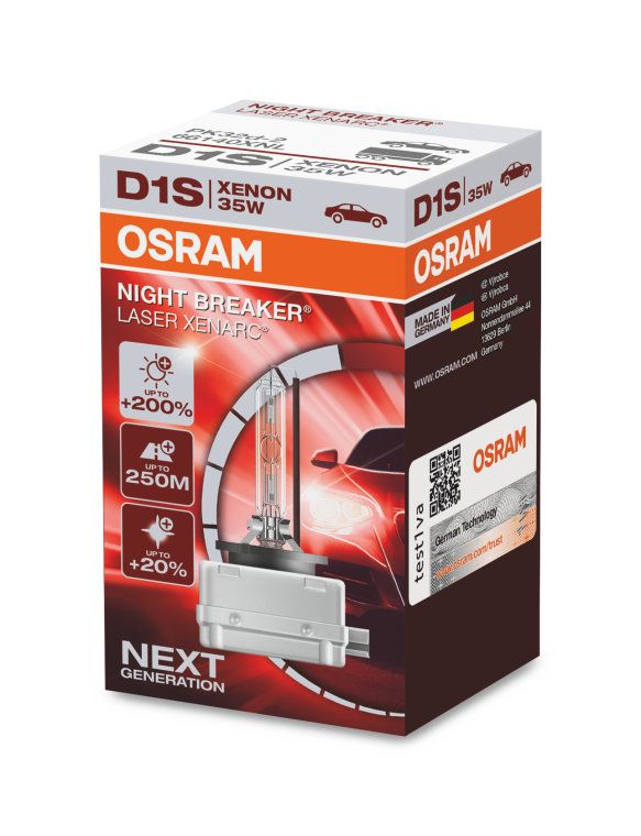 Лампа автомобильная OSRAM D1S 35W PK32d-2+200% Xenarc Night Braker Laser 4500K 85V, 66140XNL