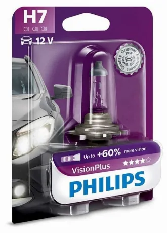 Лампа галогенная Philips H7 Vision Plus 12V 55W, 1шт (12972VPB1)