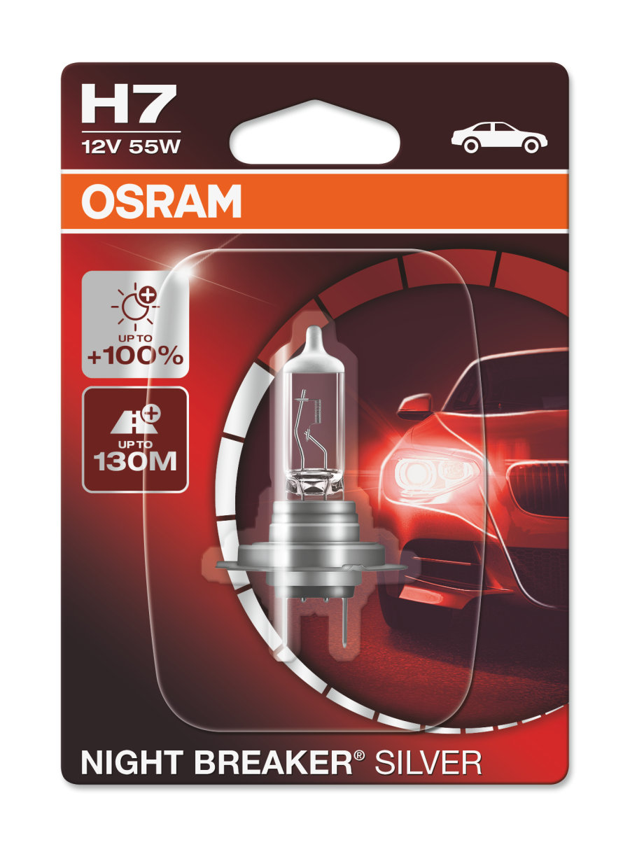 Лампа автомобильная OSRAM H7 55W PX26d+100% Night Breaker Silver 12V, 64210NBSбл лампа автомобильная osram night breaker silver h7 12v 55w px26d 100% 64210nbs