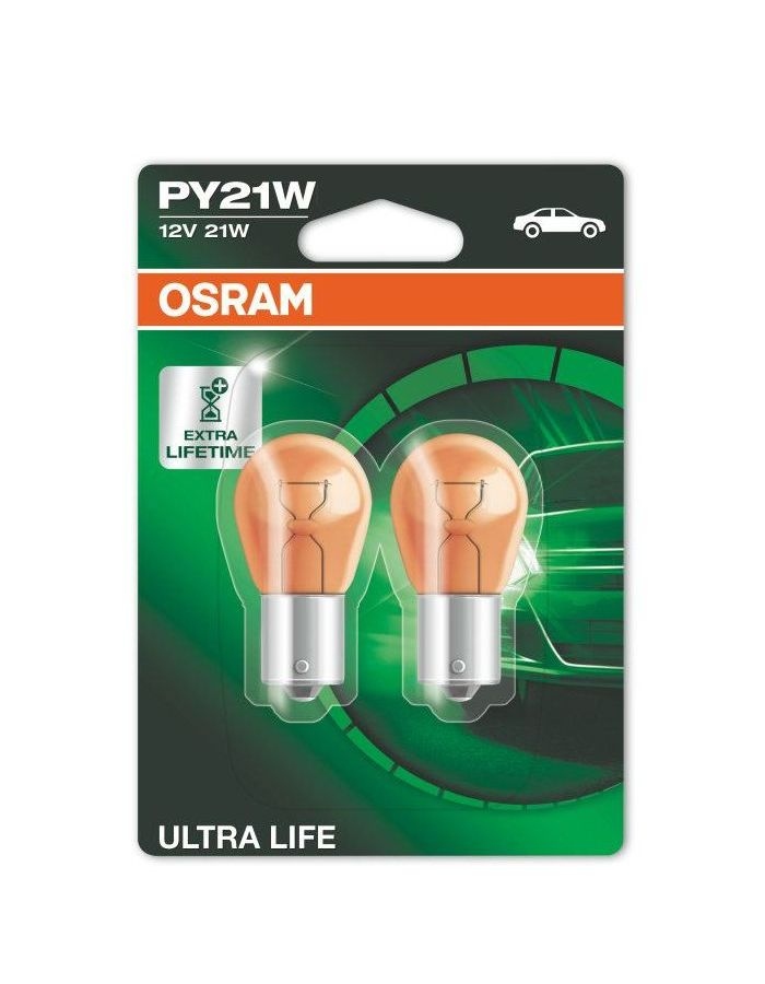 Лампа автомобильная OSRAM PY21W (BAU15s) YELLOW Ultra Life 12V, 2шт,, 7507ULT-2бл точечный светильник для электрического мотоцикла стоп сигнал преобразователь сигналов поворота переключатель лампочка со светодиодной