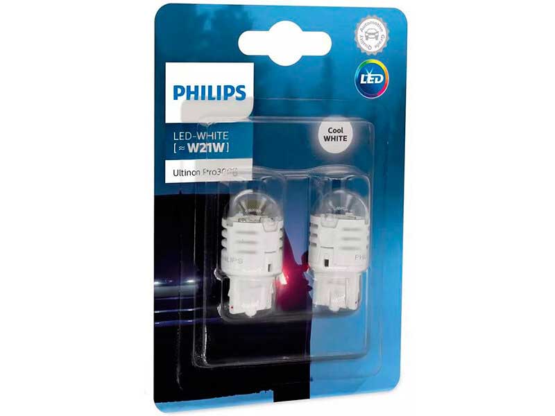 Лампа автомобильная Philips White Ultinon Pro3000 LED W21W 12V-LED (W3x16d), 2шт, 11065U30CWB2 лампа philips ultinon pro3000 w21 5w 12v led red w3x16q 2 штуки 11066u30rb2