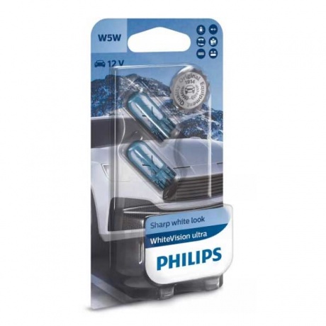 

Лампа автомобильная Philips WhiteVision Ultra W5W 12V-5W (W2.1x9.5d), 2шт, 12961WVUB2
