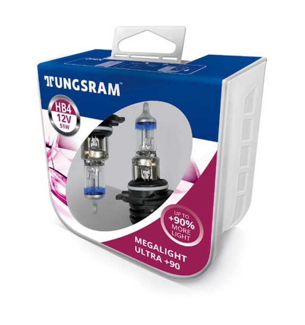 Лампа автомобильная Tungsram HB4 12V 51W P22d Megalight Ultra +90, 2шт (9006SXU PB2)
