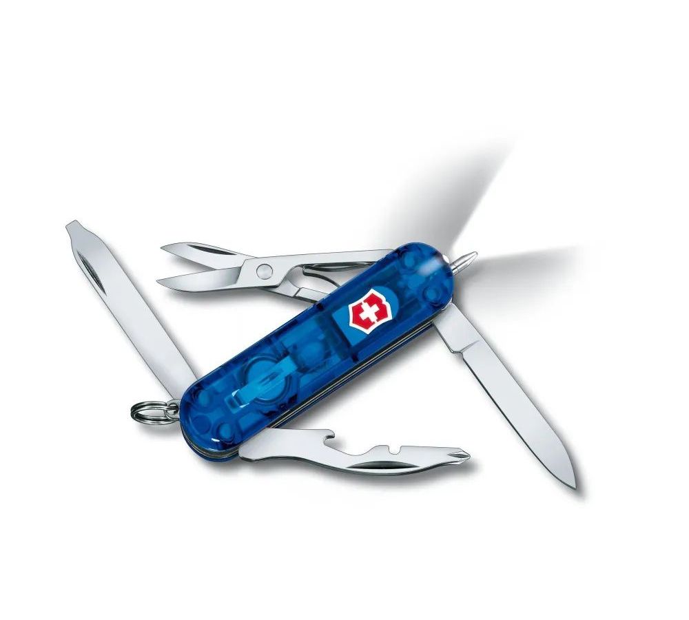 цена Нож-брелок Victorinox Classic Midnite Manager, 58 мм, 10 функций, синий полупрозрачный 0.6366.T2