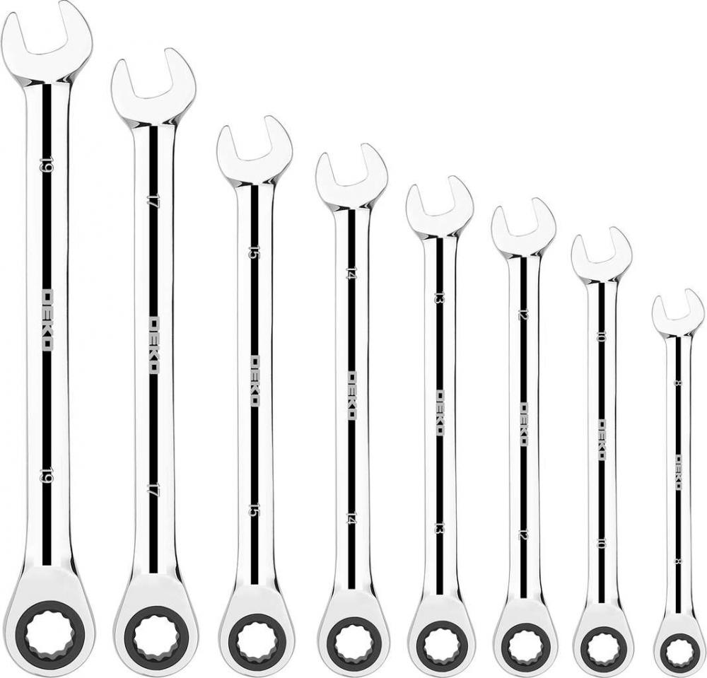 Набор комбинированных трещоточных ключей DEKO RW01 8-19 мм, 8 предметов набор комбинированных трещоточных ключей 8 19 мм и адаптеров 10 предметов в пластиковом кейсе jonnesway