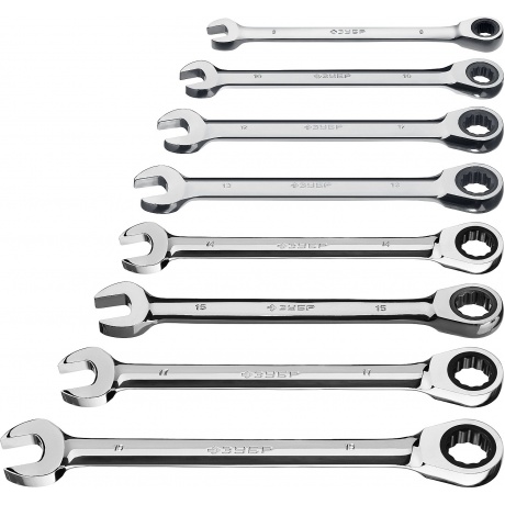 

Набор комбинированных трещоточных гаечных ключей ЗУБР 8 шт, 8 - 19 мм, Профессионал (27074-H8)