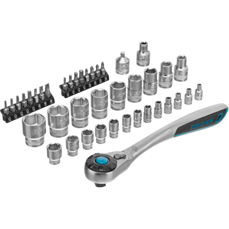 Набор торцевых головок GROSS 14143, 41 предмет, трещотка 120 зубьев, 1/2", 1/4", CrV