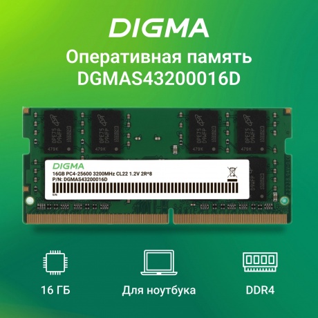 Оперативная память DDR4 Digma 16Gb 3200MHz SO-DIMM (DGMAS43200016D) - фото 6