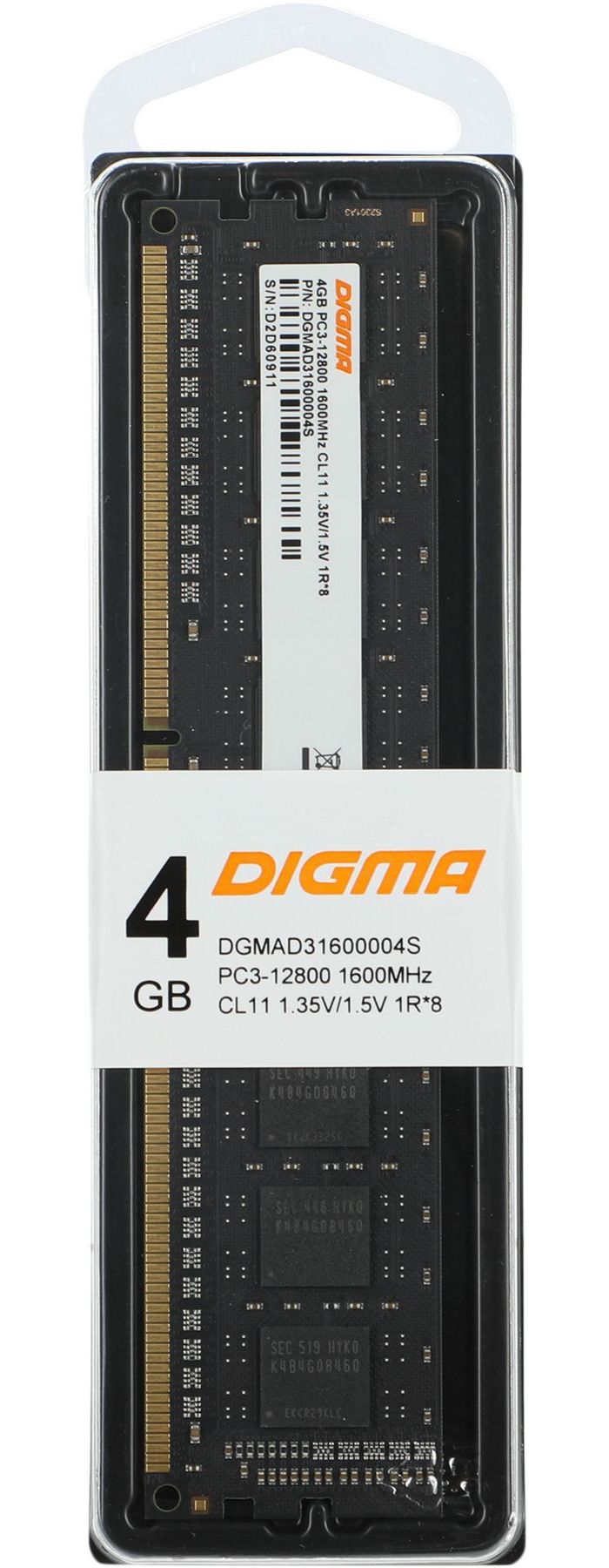 Оперативная память DDR3L Digma 4Gb 1600MHz DIMM (DGMAD31600004S) оперативная память 8gb pc3 12800 1600mhz ddr3l dimm ecc dimm w ts 1 35v kvr16le11 8hb
