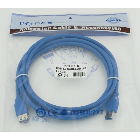 Кабель USB A(m) USB A(f) 3м синий - фото 2
