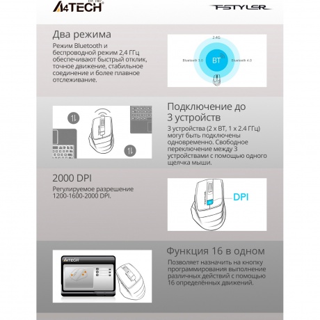 Мышь беспроводная A4Tech Fstyler FB35 Smoky Grey - фото 24