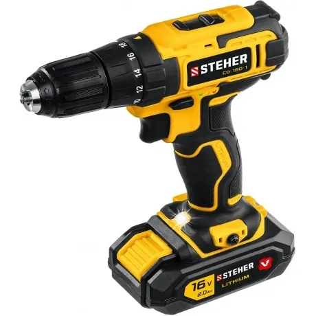 Дрель-шуруповерт, кейс (CD-160-1) STEHER 16 В, 35 Н·м, 1 АКБ (2 ...