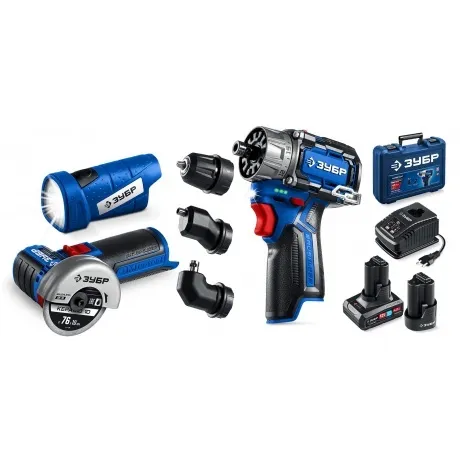 Набор: дрель-шуруповерт + мини УШМ + LED фонарь ЗУБР КОМБИ #5  B...