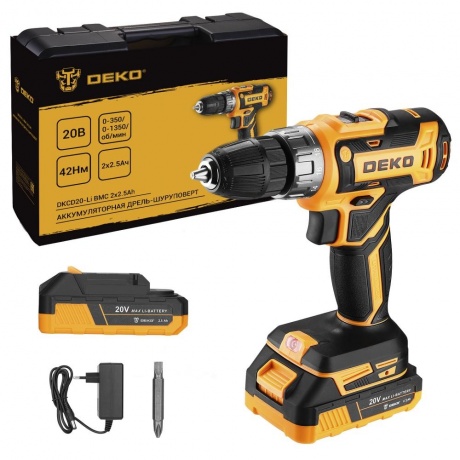 Дрель-шуруповерт аккумуляторная DEKO DKCD20-Li в кейсе, 20В, 2х2...