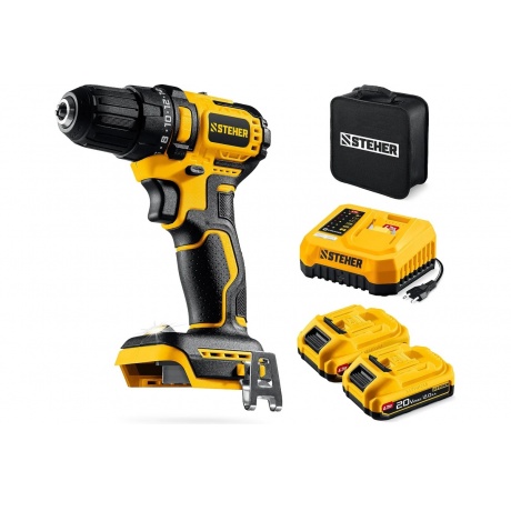

Дрель-шуруповерт бесщеточная STEHER 20 В, 45 Н·м, 2 АКБ LMS (2 А·ч), сумка (CB-45-22)