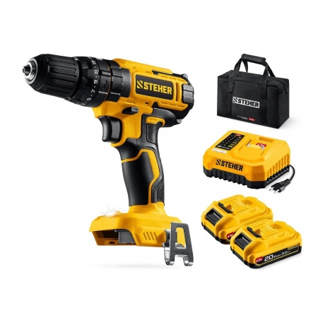 Дрель-шуруповерт ударная STEHER 20 В, 40 Н·м, 2 АКБ LMS (2 А·ч),...