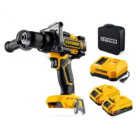 

Дрель-шуруповерт STEHER 20 В, 165 Н·м, 2 АКБ LMS (2 А·ч), бесщеточная, сумка (CB-165-22)