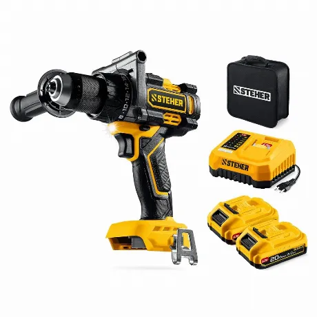 Дрель-шуруповерт STEHER 20 В, 165 Н·м, 2 АКБ LMS (2 А·ч), бесщет...
