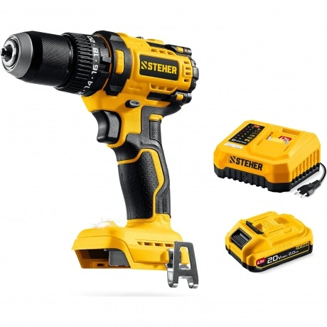 Дрель-шуруповерт бесщеточная ударная STEHER 20 В, 65 Н·м, 1 АКБ ...