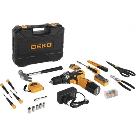Аккумуляторная дрель-шуруповерт DEKO DKCD12FU-Li в кейсе + набор 104 инструмента для дома, 12В, 1х2.0 Ач, з/у - фото 1