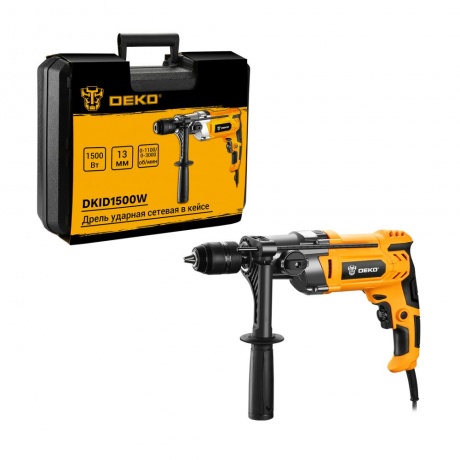 Дрель ударная сетевая DEKO DKID1500W двухскоростная в кейсе с быстрозажимным патроном 9440₽