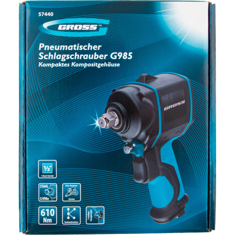 Гайковёрт пневматический ударный G985, 1/2",Twin Hammer, 610 Нм, 9000 об/мин, композитный Gross (57440) - фото 3