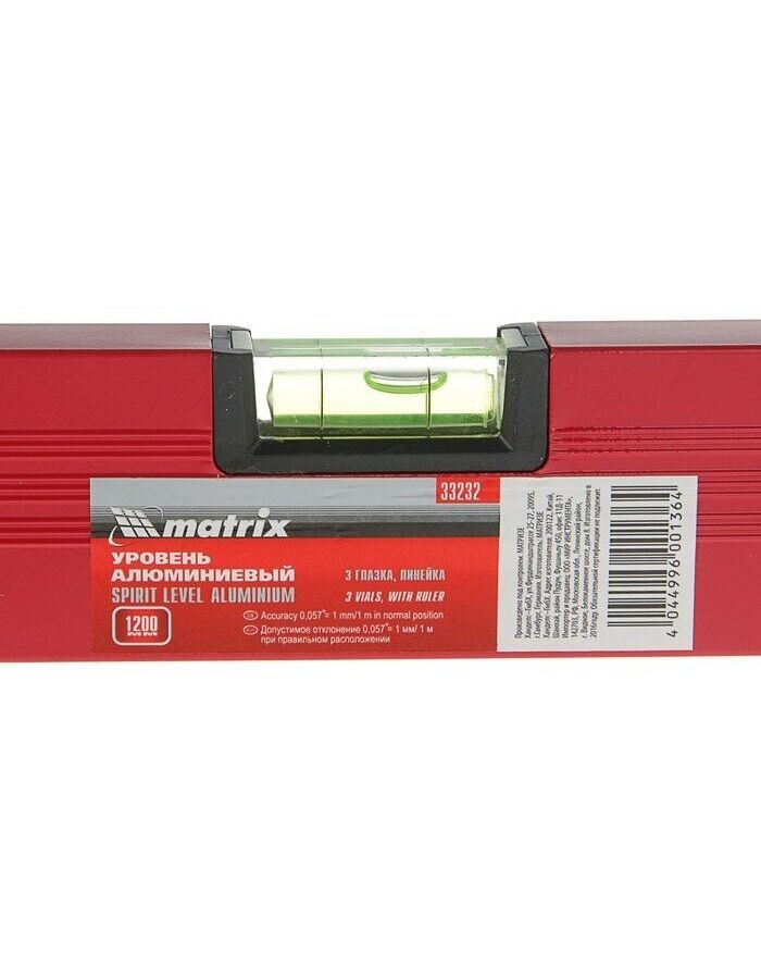 Уровень алюминиевый, 1200 мм, 3 глазка, красный, линейка// Matrix - фото 9
