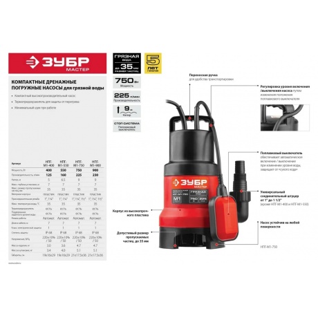 Насос погружной дренажный Зубр Мастер М1 НПГ-М1-750 - фото 12