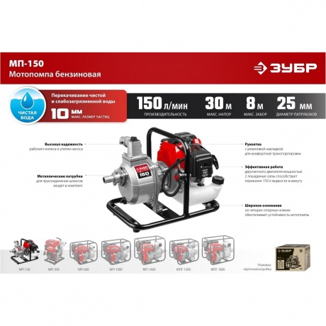 Мотопомпа бензиновая ЗУБР 150 л/мин, (МП-150) - фото 14