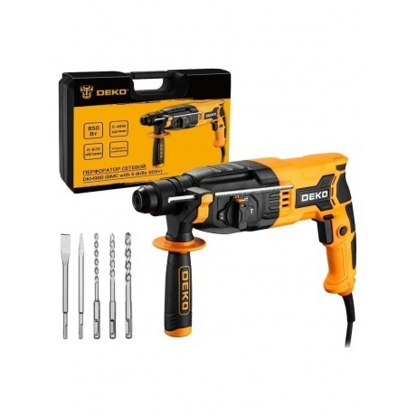Перфоратор сетевой Deko DKH900 в кейсе с набором из 5 буров SDS+, 850Вт