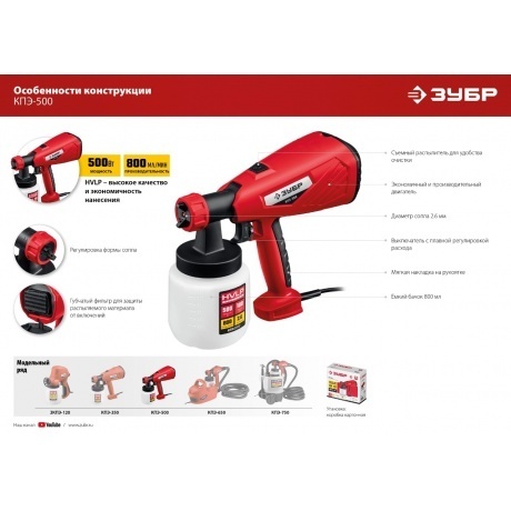 Краскопульт Зубр КПЭ-500 550Вт бак:800мл 800мл/мин - фото 2